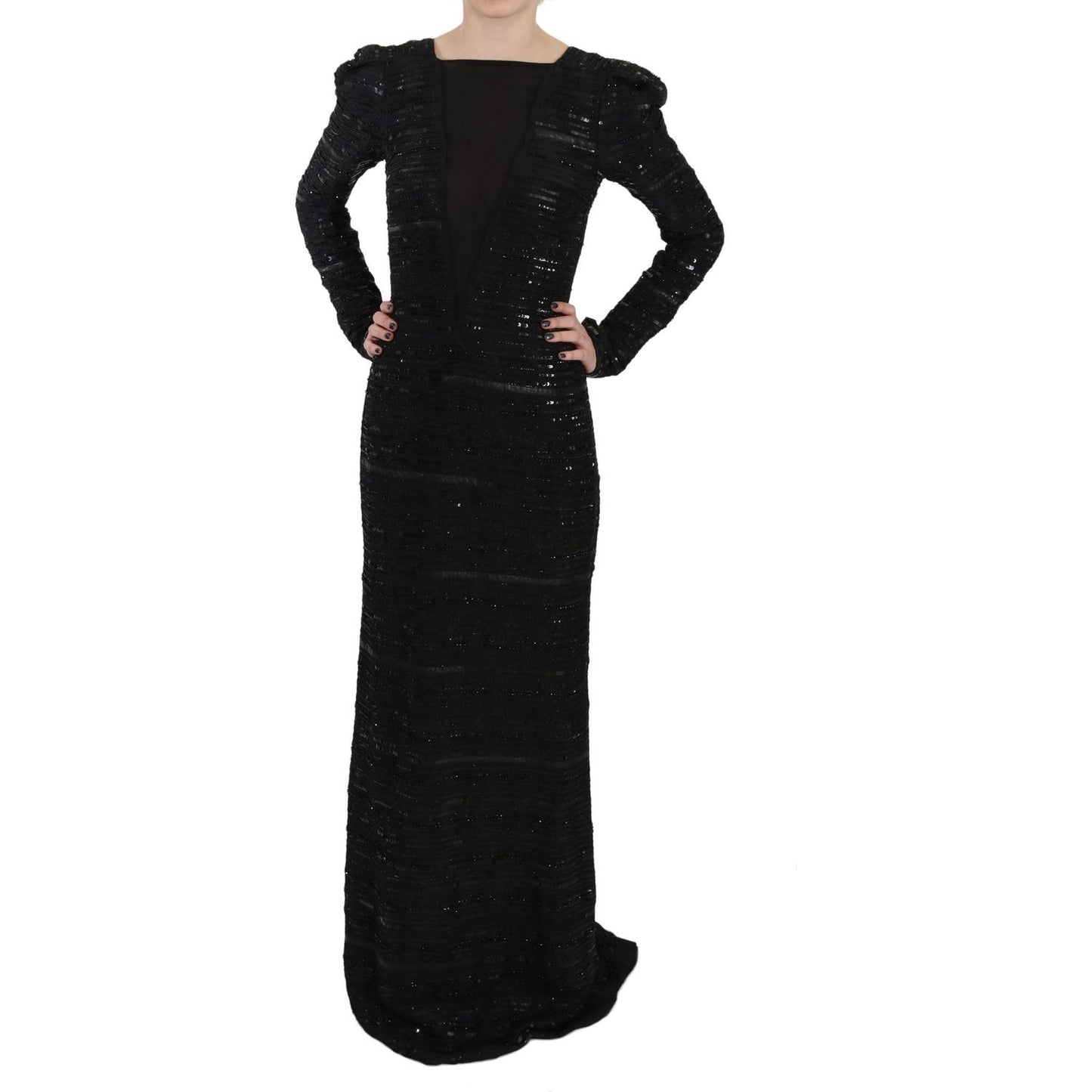 John Richmond Black Silk Full Length Sequined Gown Dress DR1670-40