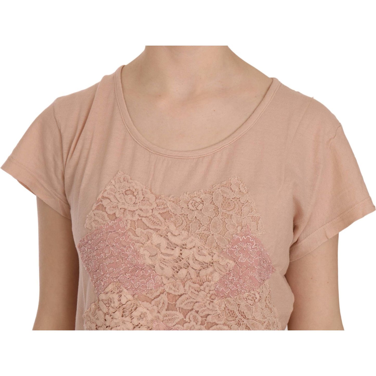 PINK MEMORIES Pink Cream Lace Short Sleeve Shirt Top Cotton Blouse TSH3906-44