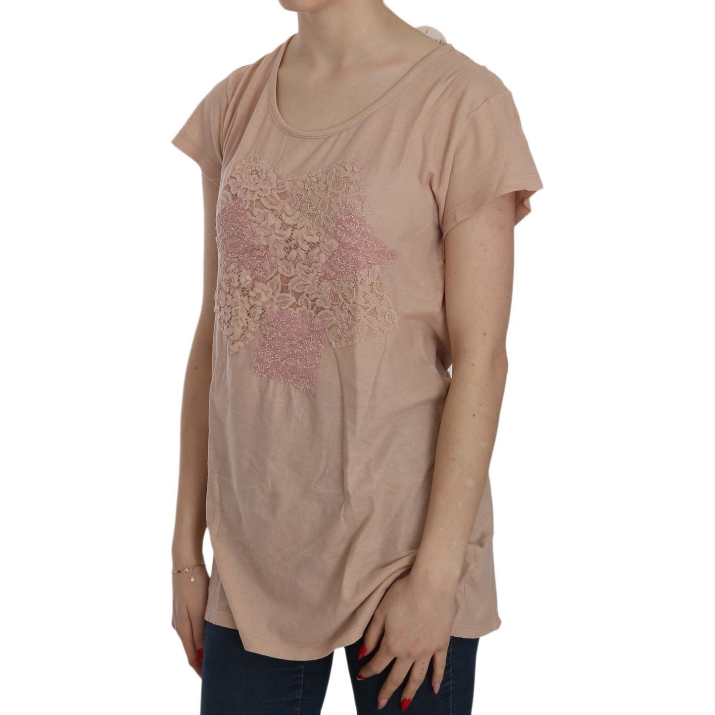 PINK MEMORIES Pink Cream Lace Short Sleeve Shirt Top Cotton Blouse TSH3906-44