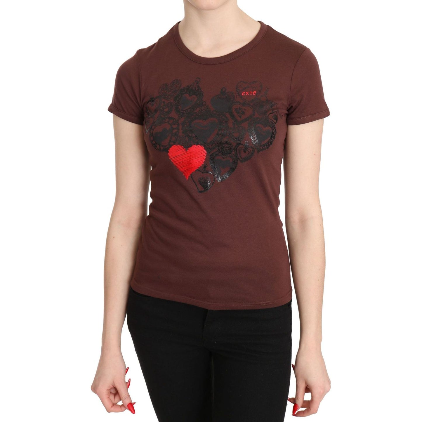 Exte Chic Brown Hearts Printed Short Sleeve Top Exte Dark Slate Gray