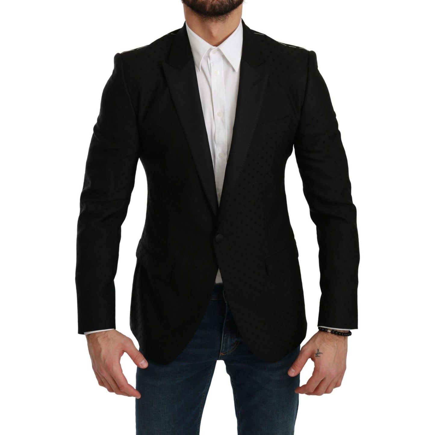 Dolce & Gabbana Elegant Black Polka Dotted Wool Blend Blazer Dolce & Gabbana Black