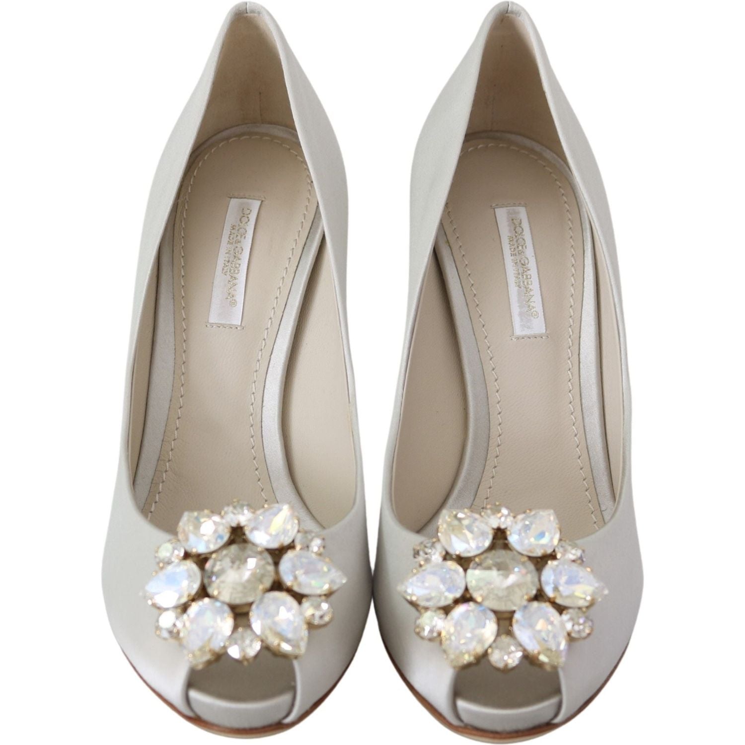 Dolce & Gabbana White Crystals Peep Toe Heels Satin Pumps Shoes