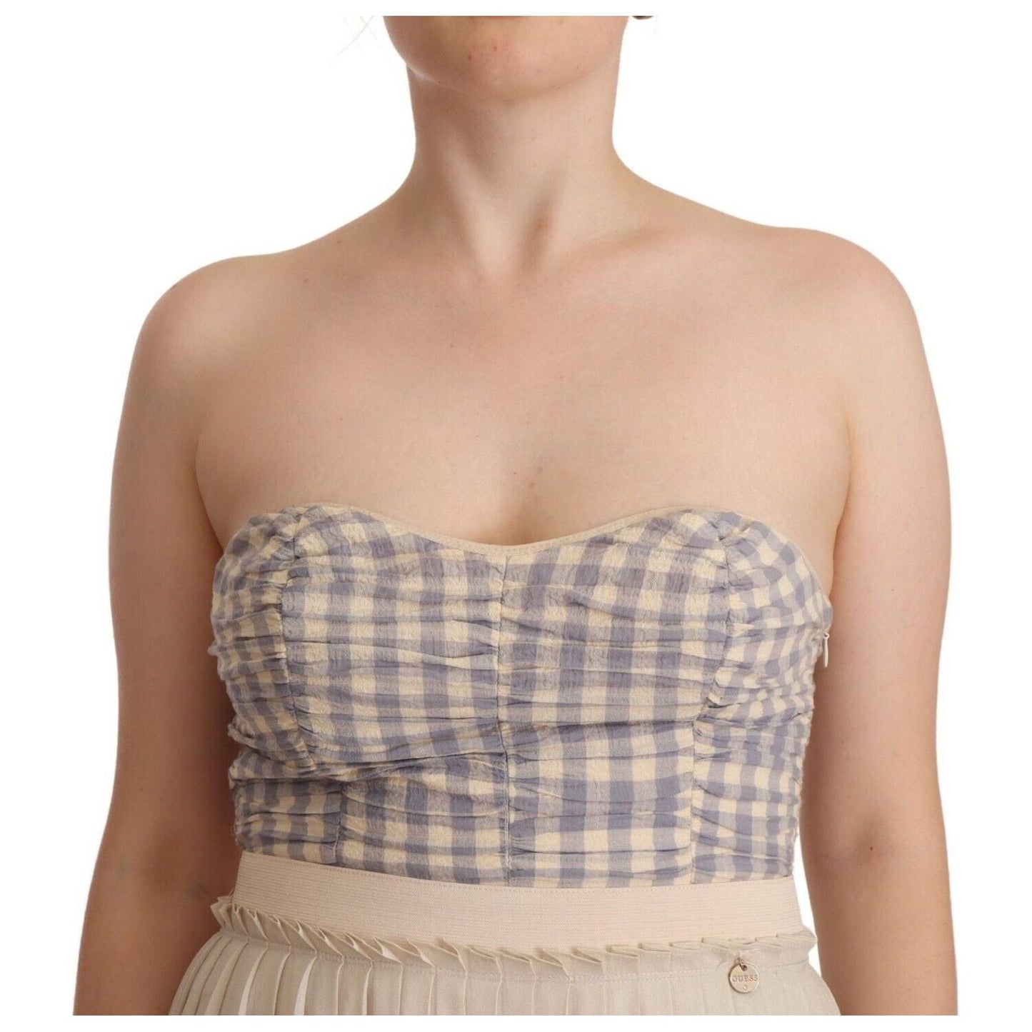 Guess Beige Checkered Pleated A-line Strapless Bustier Dress WOMAN DRESSES