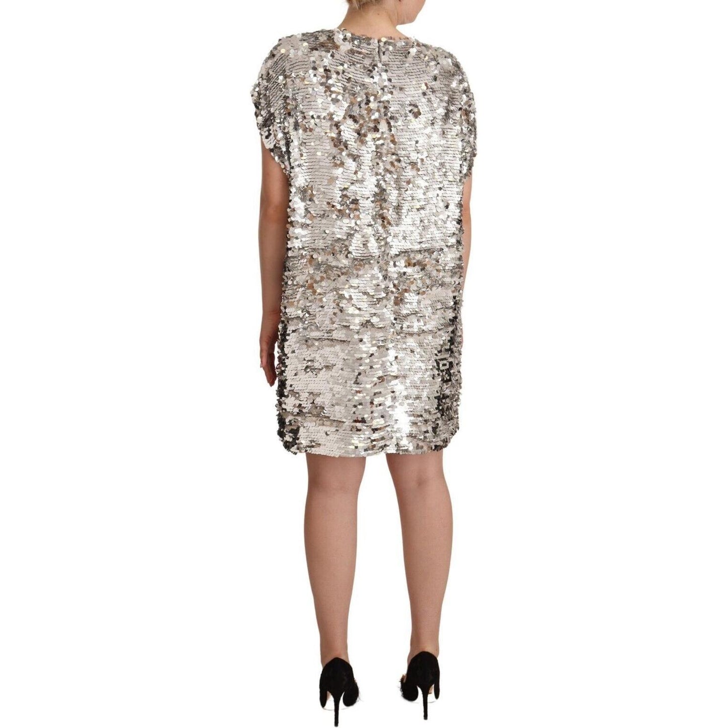 MSGM Silver Sequined Polyester Short Sleeves Shift Mini Dress DR28349 - 38