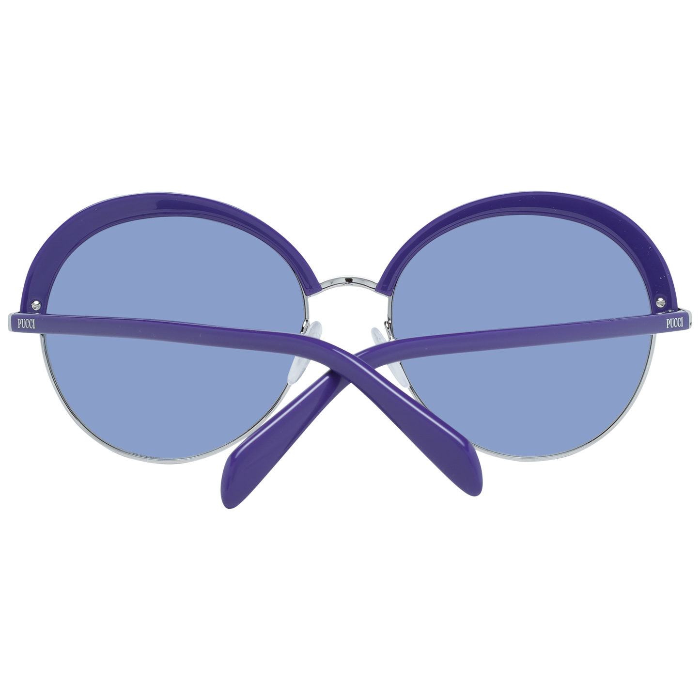 Emilio Pucci purple women's sunglasses with blue gradient lenses, oval style, metal and plastic frame, 100% UVA & UVB protection.