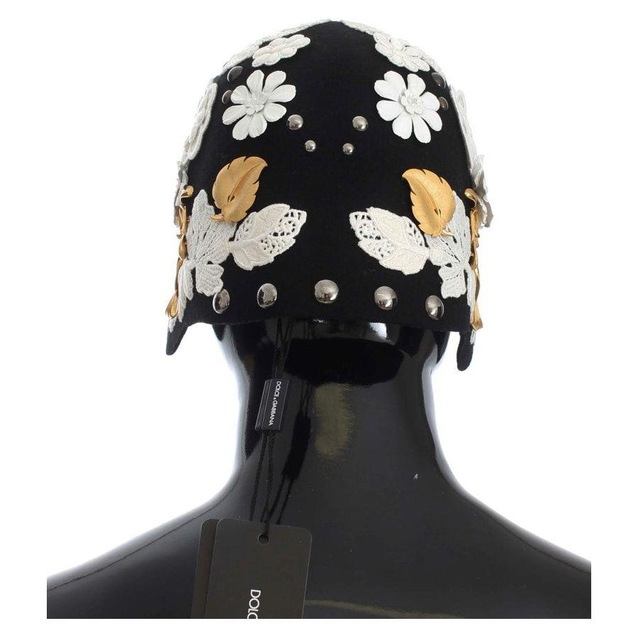 Dolce & Gabbana Elegant Black Floral Wool Cloche Hat Hat Dolce & Gabbana Dark Slate Gray