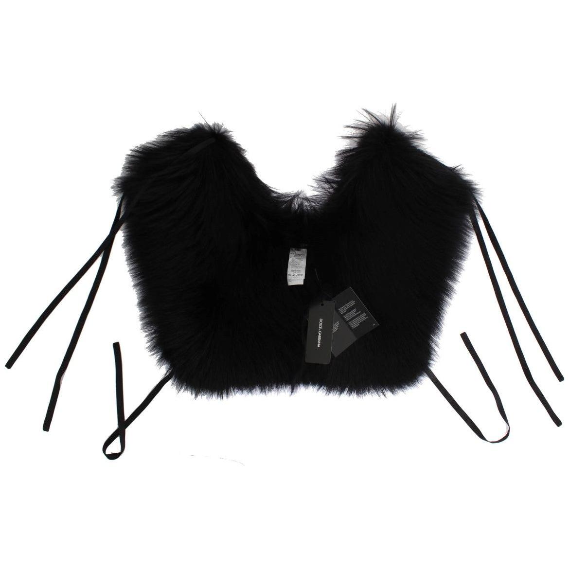 Dolce & Gabbana Elegant Black Fox Fur Silk Shoulder Wrap Fur Wrap Scarves Dolce & Gabbana Black
