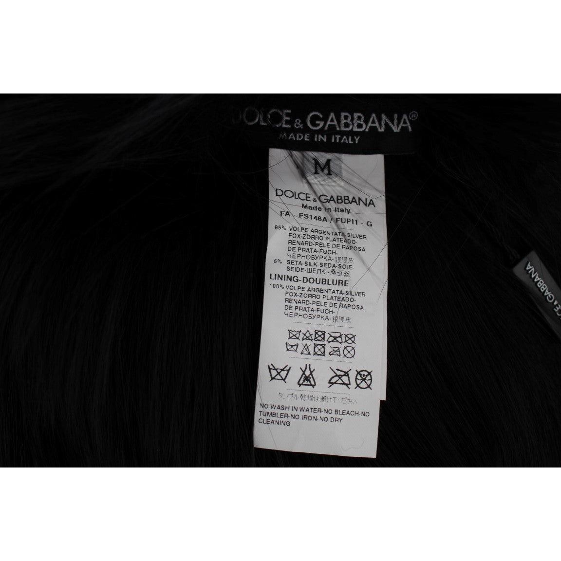 Dolce & Gabbana Elegant Black Fox Fur Silk Shoulder Wrap Fur Wrap Scarves Dolce & Gabbana Dark Gray