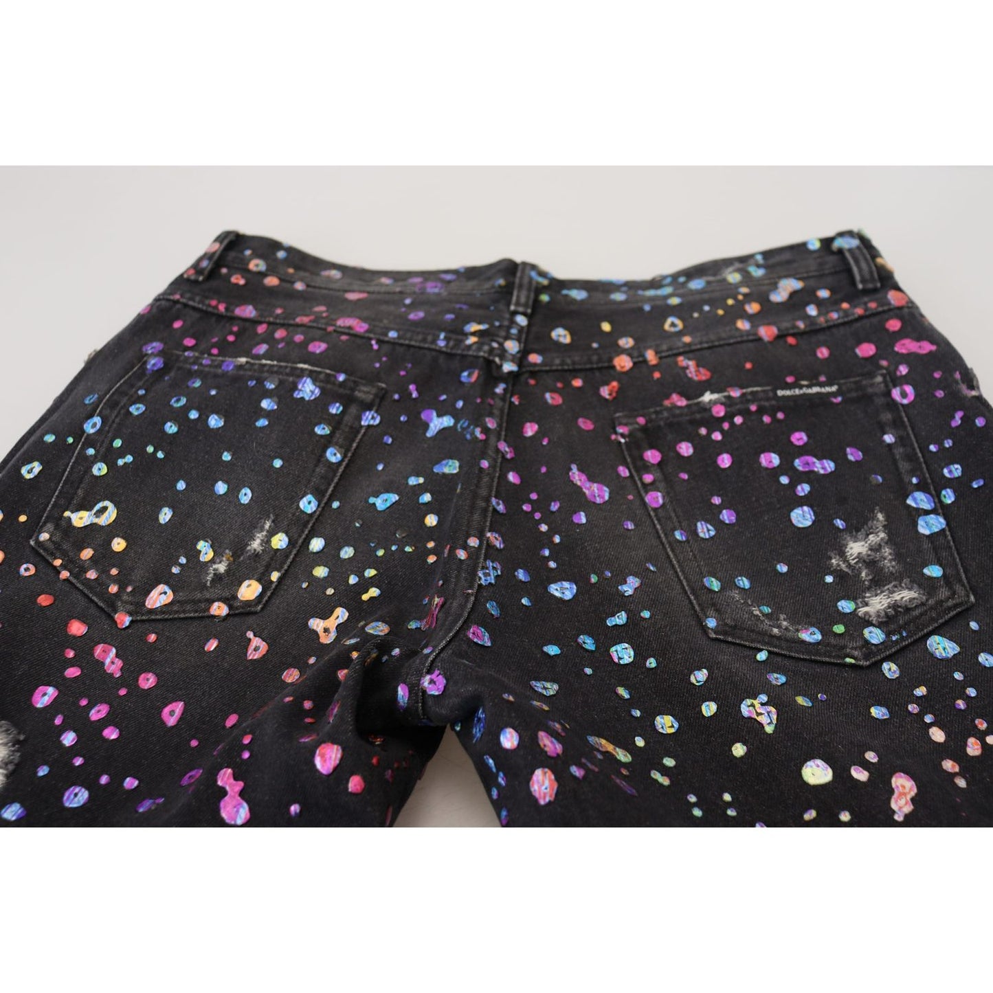 Dolce & Gabbana Black Multicolor Print Tattered Denim Jeans