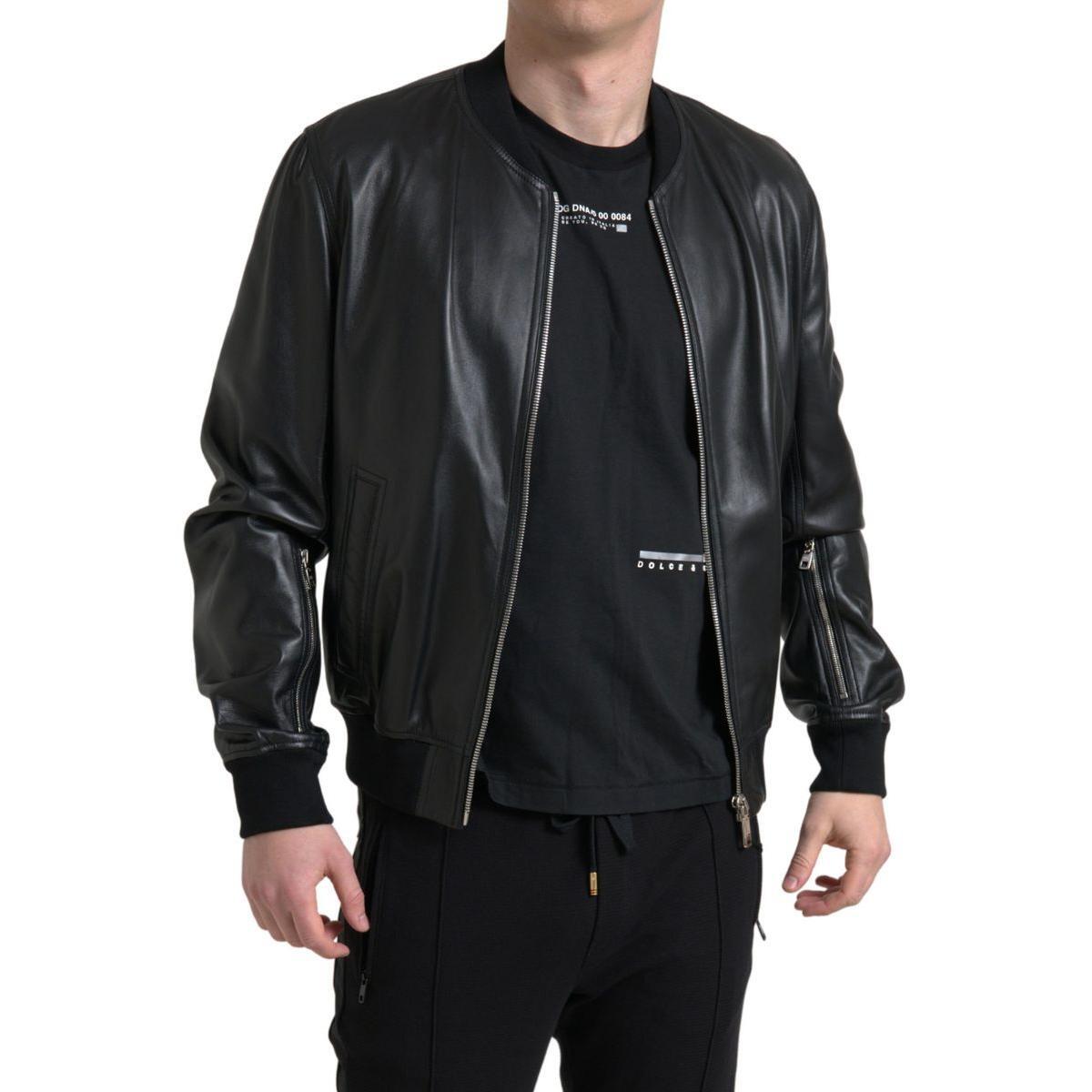 Dolce & Gabbana Black Leather Full Zip Bomber Men Jacket JKT3710-46