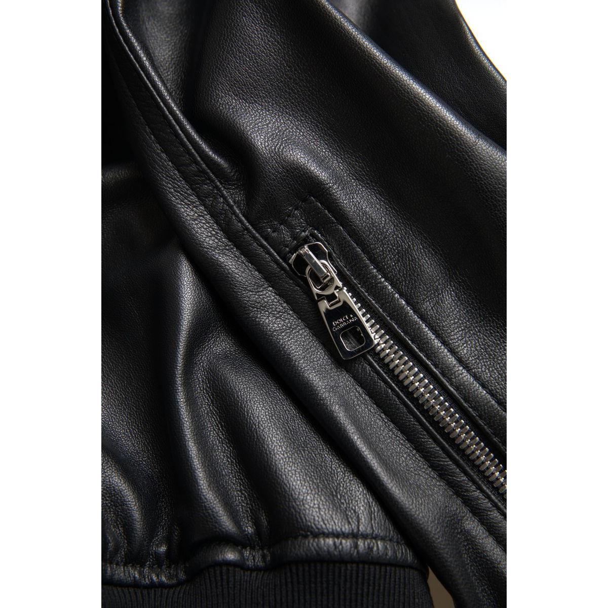 Dolce & Gabbana Black Leather Full Zip Bomber Men Jacket JKT3710-46
