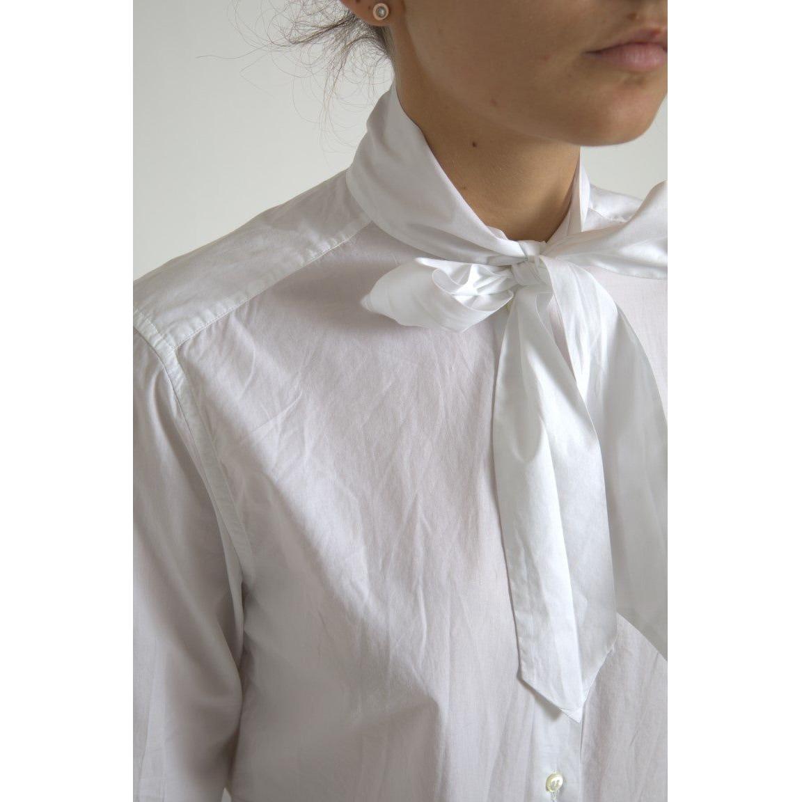 Dolce & Gabbana White Cotton Ascot Collar Long Sleeves Top
