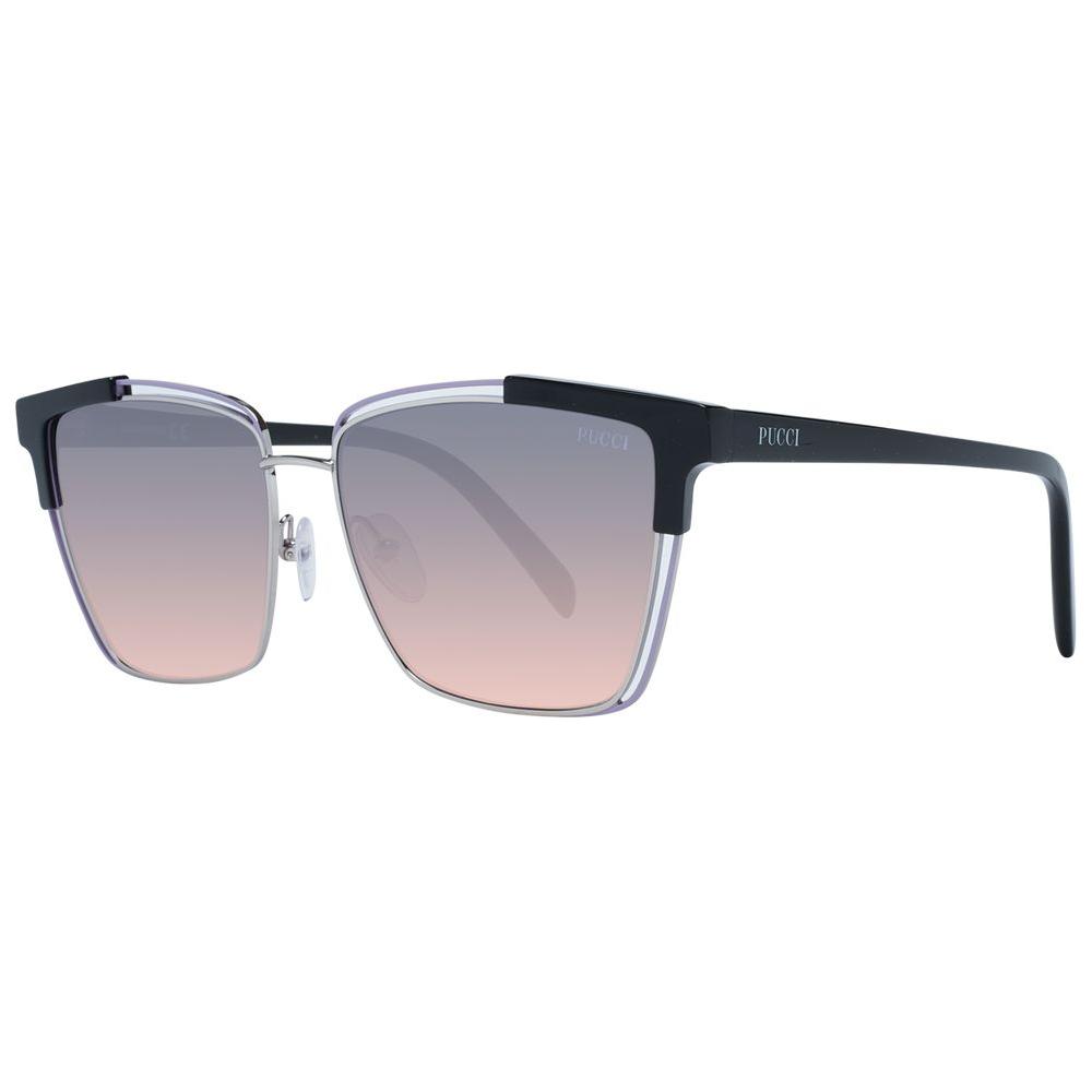 Emilio Pucci multicolor cat eye sunglasses with mirrored gradient lenses and black acetate metal frame, 100% UVA & UVB protection.