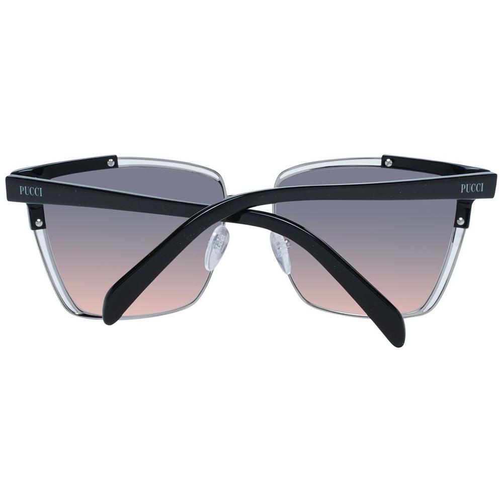 Emilio Pucci multicolor cat eye sunglasses with black full-rim frame, grey mirrored gradient lenses, acetate & metal design.