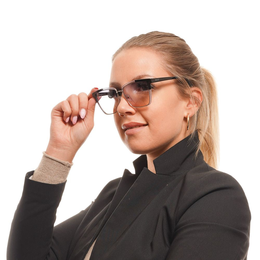 Woman wearing Emilio Pucci multicolor cat eye sunglasses with grey mirrored gradient lenses against white background.