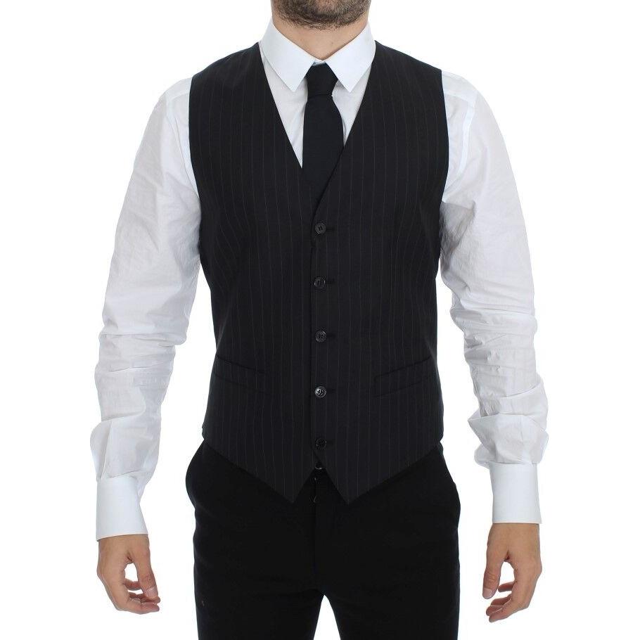 Dolce & Gabbana Chic Black Striped Wool Silk Dress Vest Dolce & Gabbana Black