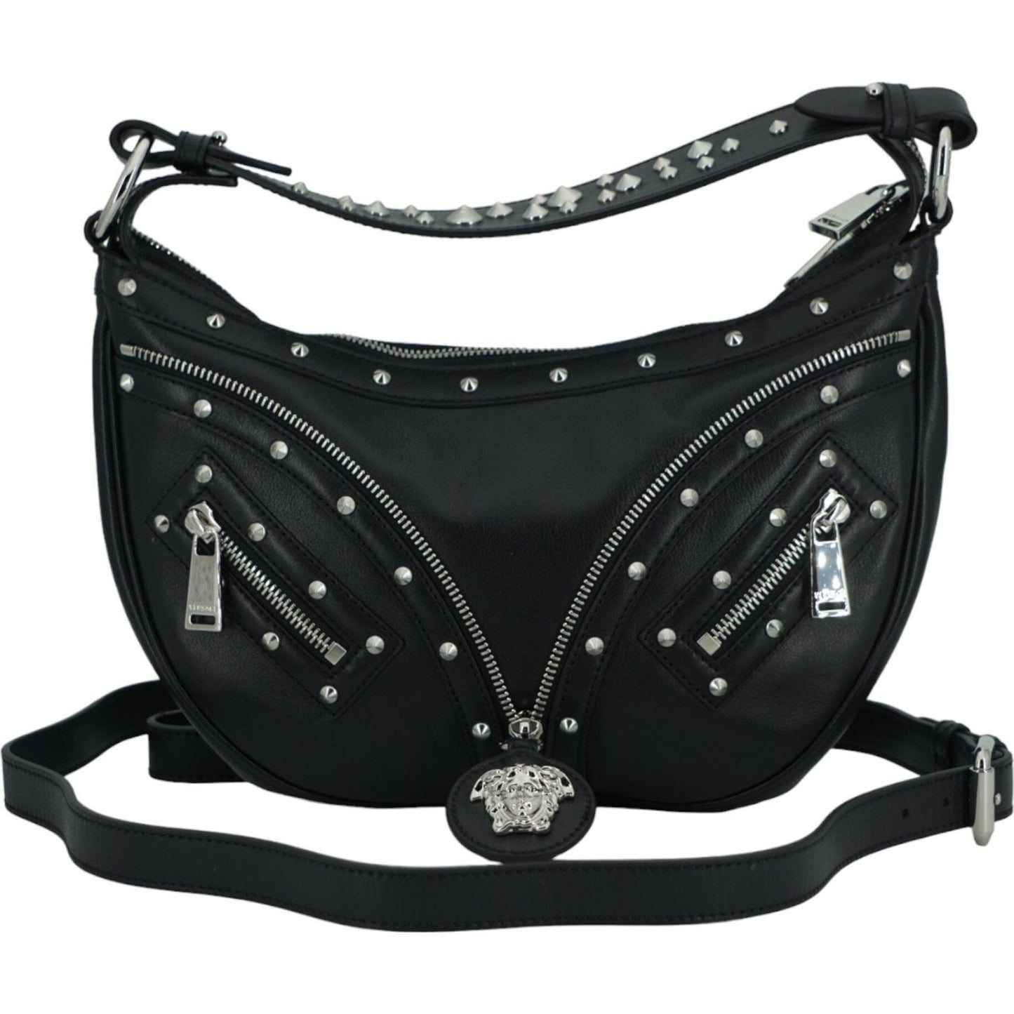 Versace Elegant Black Leather Hobo Shoulder Bag 8056204137471