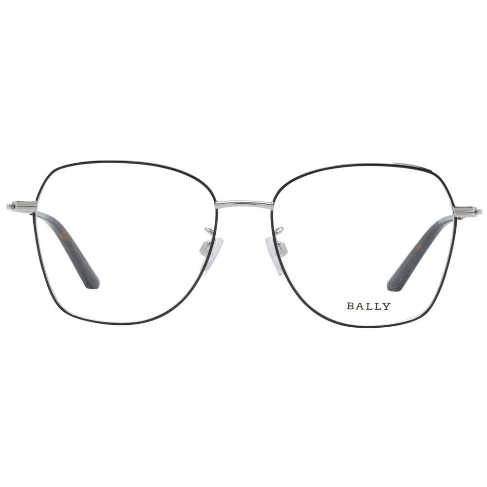 Bally Black Women Glasses Frame, metal full-rim, square shape, demo lenses, size 54-16-145, includes branded case.