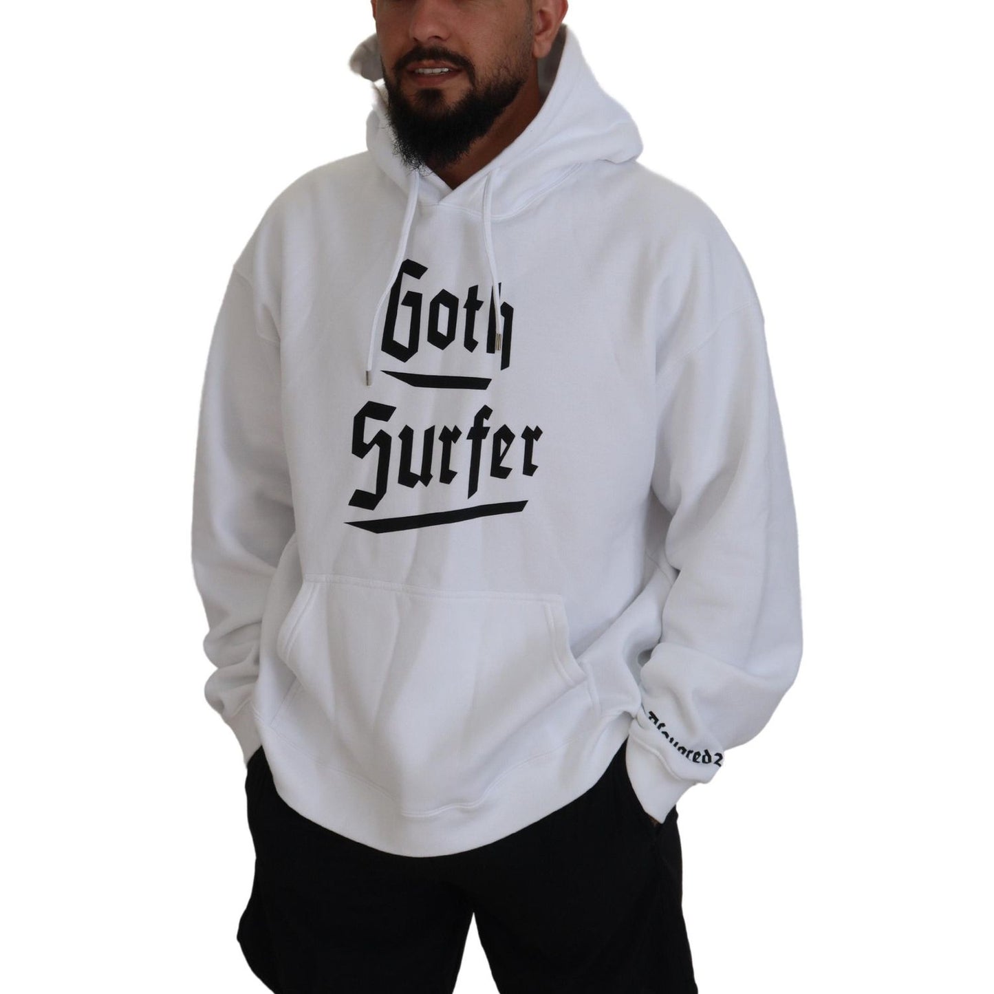 Dsquared² White Cotton Hooded Printed Men Pullover Sweater Dsquared² Dark Gray