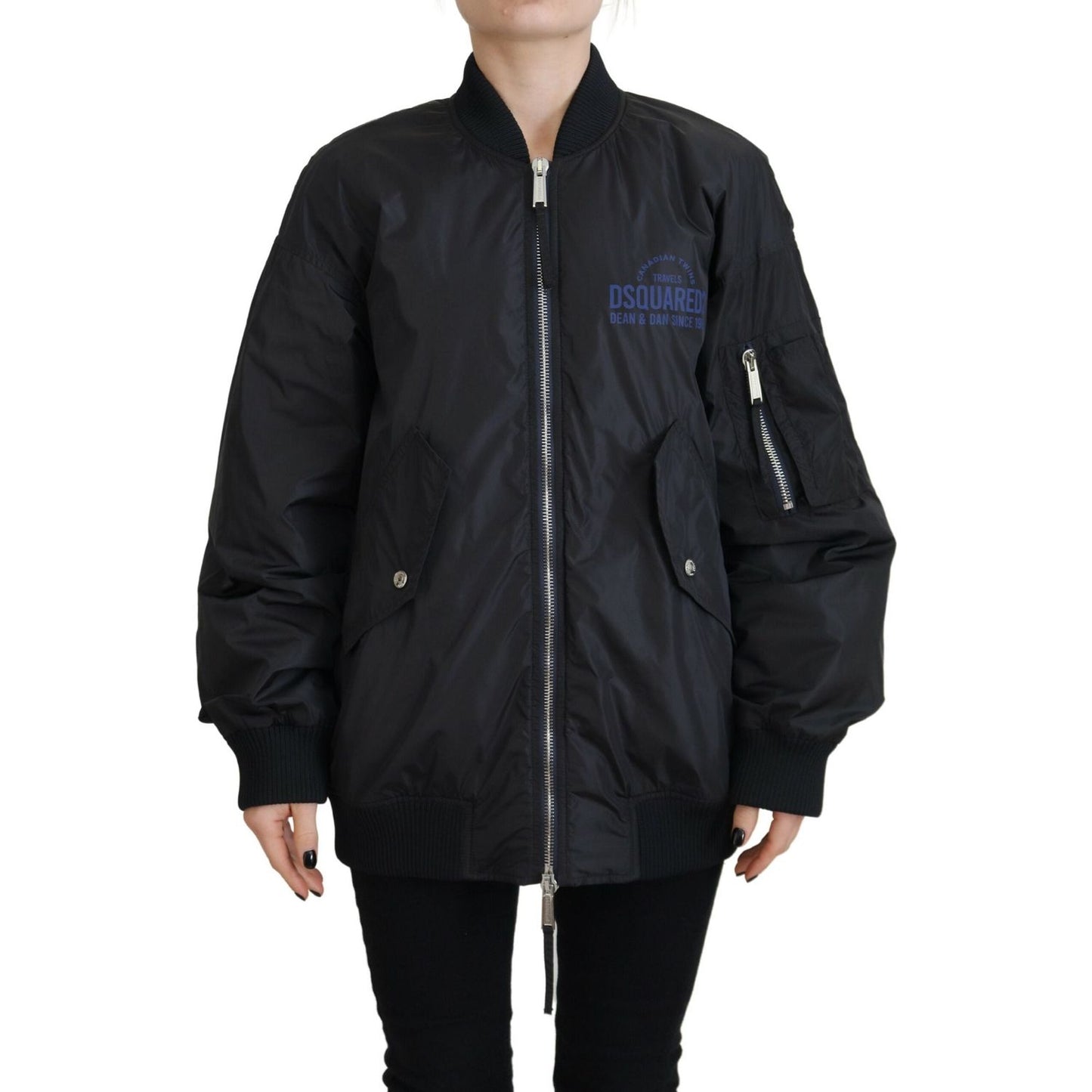 Dsquared² Black Logo Print Full Zip Women Bomber Jacket Dsquared² Black