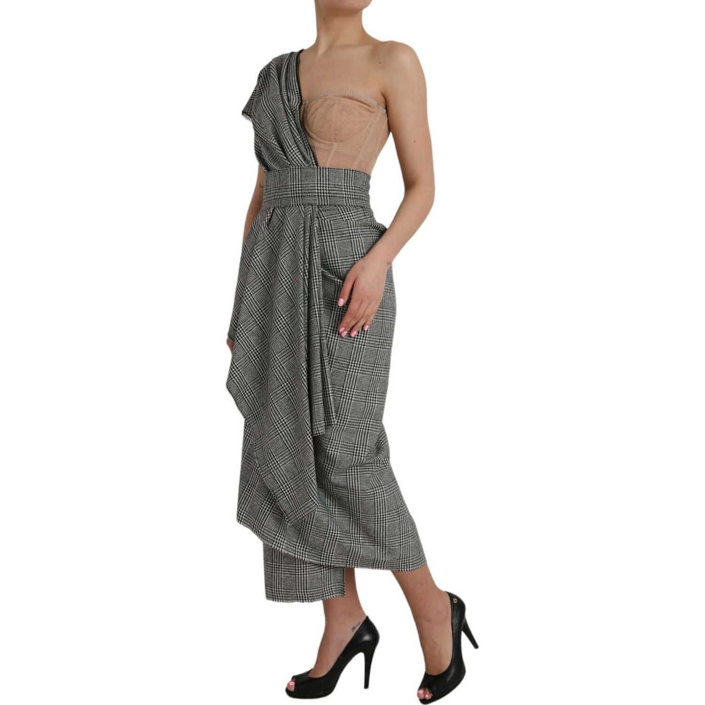 Dolce & Gabbana gray beige one-shoulder maxi dress with plaid pattern, featuring high craftsmanship and logo details.