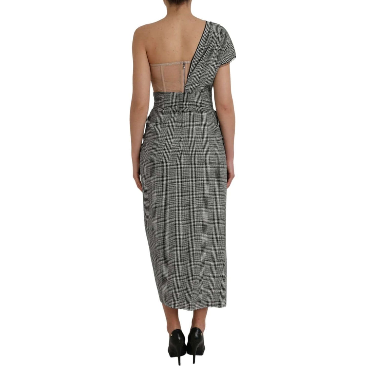 Dolce & Gabbana gray beige plaid one shoulder maxi dress with zipper, back view. Made in Italy, high craftsmanship, exclusive fashion.