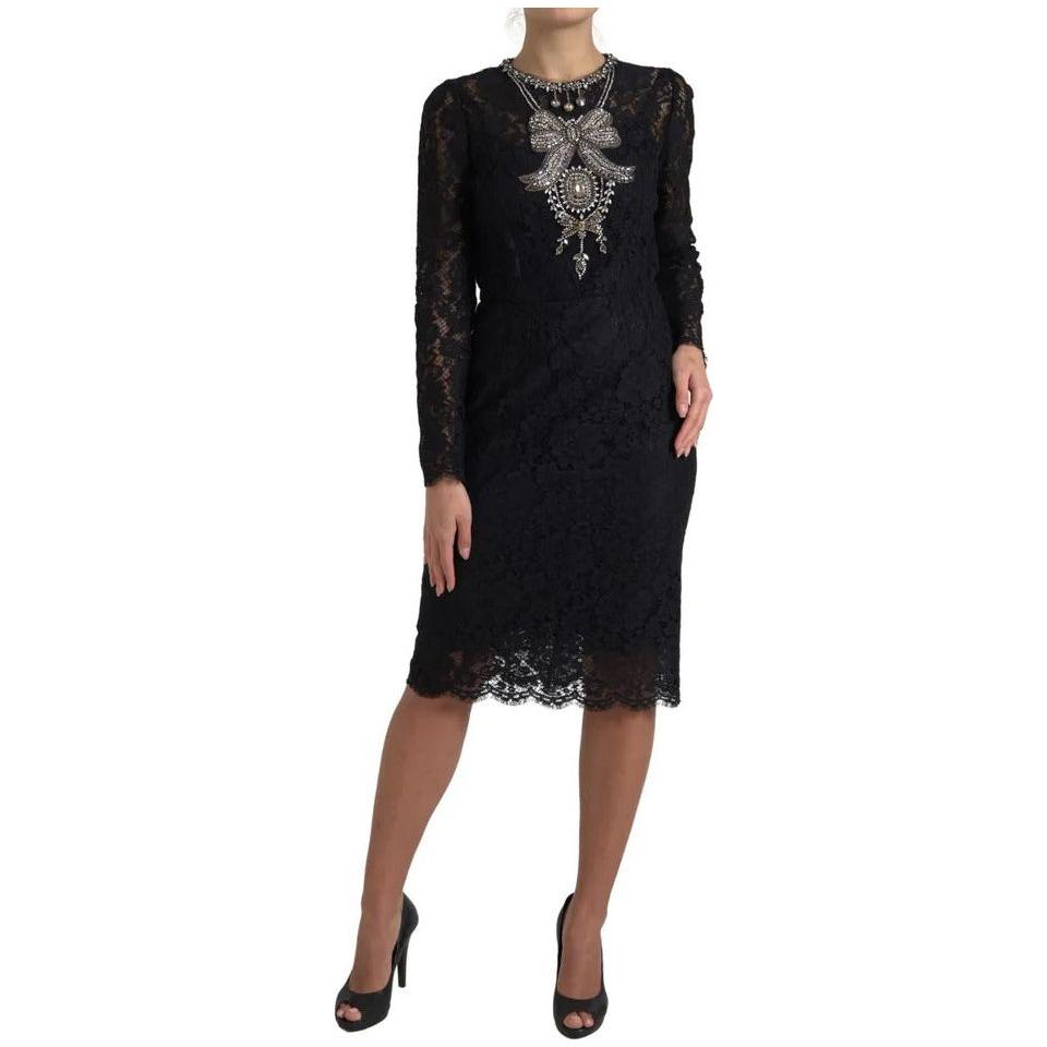 Dolce & Gabbana Black Nylon Lace Embellished Sheath Dress Dolce & Gabbana Rosy Brown