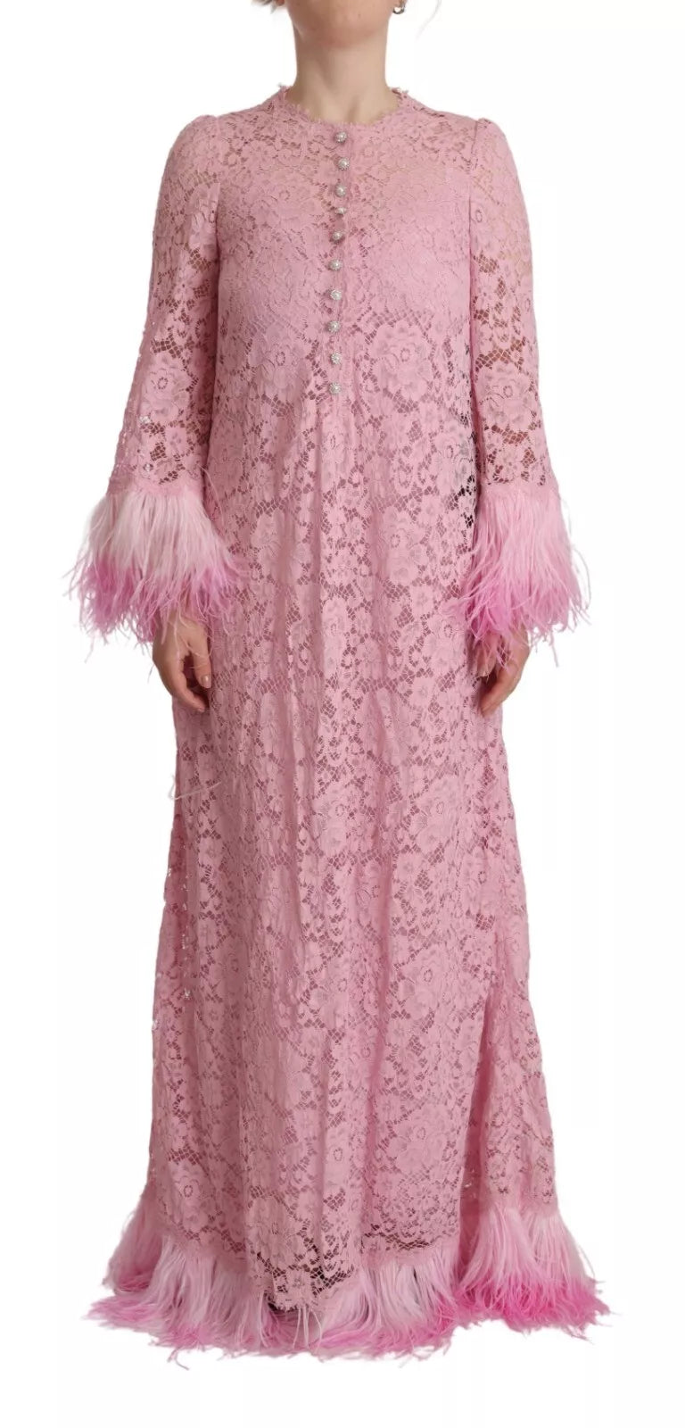 Dolce & Gabbana Shift Lilac Lace Feathers Long Sleeves Dress Dolce & Gabbana Rosy Brown
