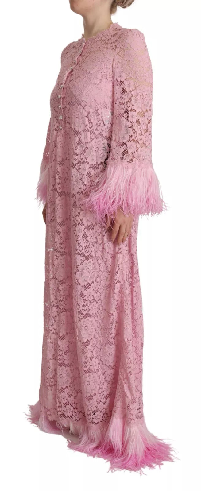 Dolce & Gabbana Shift Lilac Lace Feathers Long Sleeves Dress Dolce & Gabbana Rosy Brown