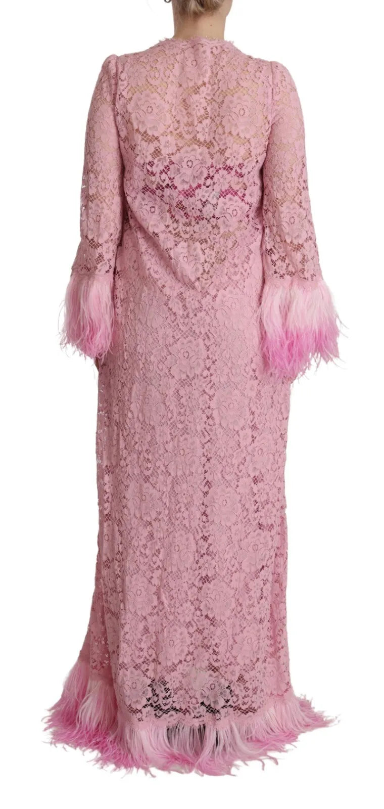 Dolce & Gabbana Shift Lilac Lace Feathers Long Sleeves Dress Dolce & Gabbana Rosy Brown
