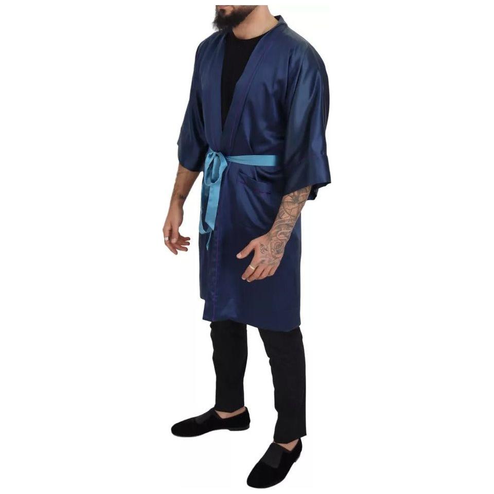 Dolce & Gabbana Blue Satin Silk Waist Belt Robe Jacket Dolce & Gabbana Dark Slate Gray