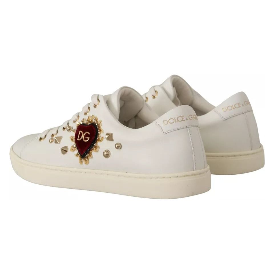 Dolce & Gabbana White Leather Gold Red Heart Sneakers Shoes LA9896#3-36