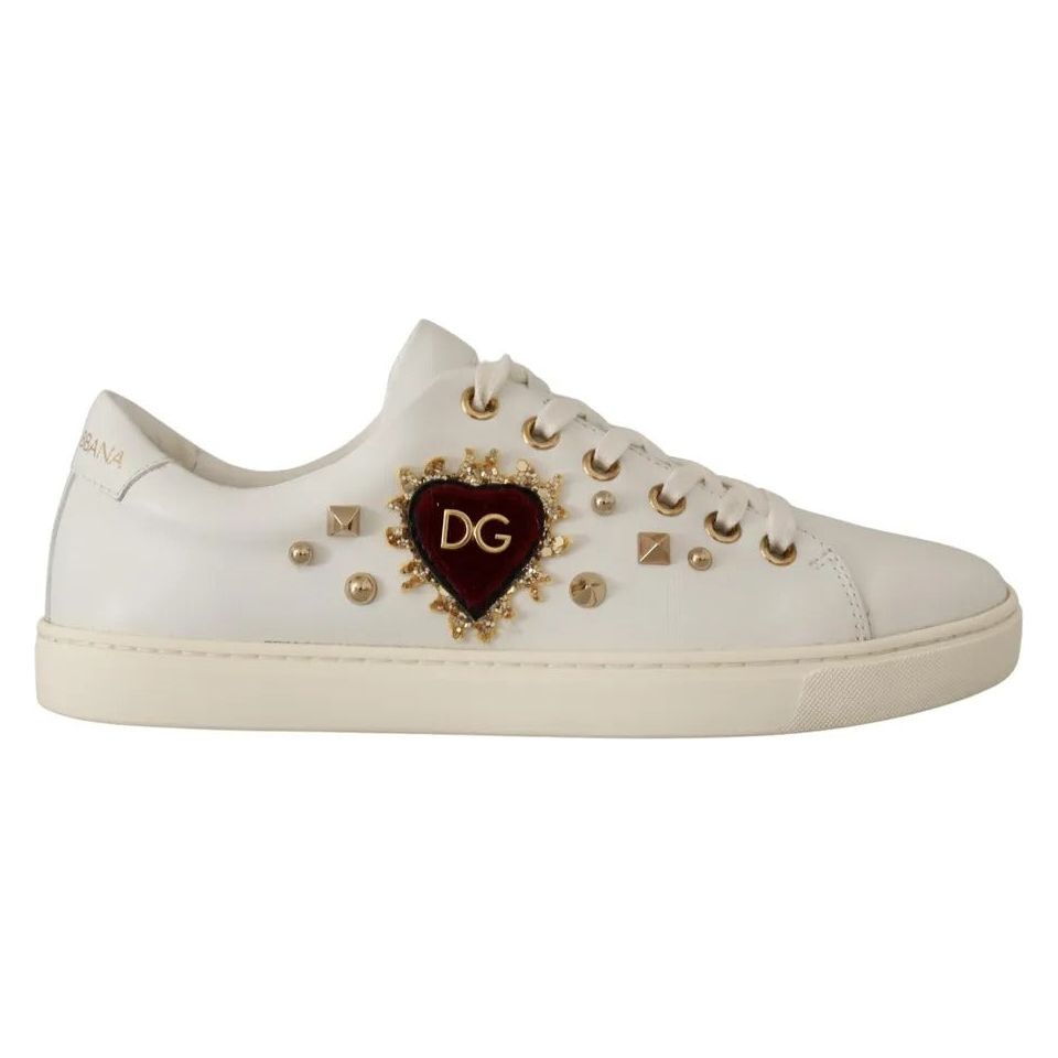 Dolce & Gabbana White Leather Gold Red Heart Sneakers Shoes LA9896#3-36