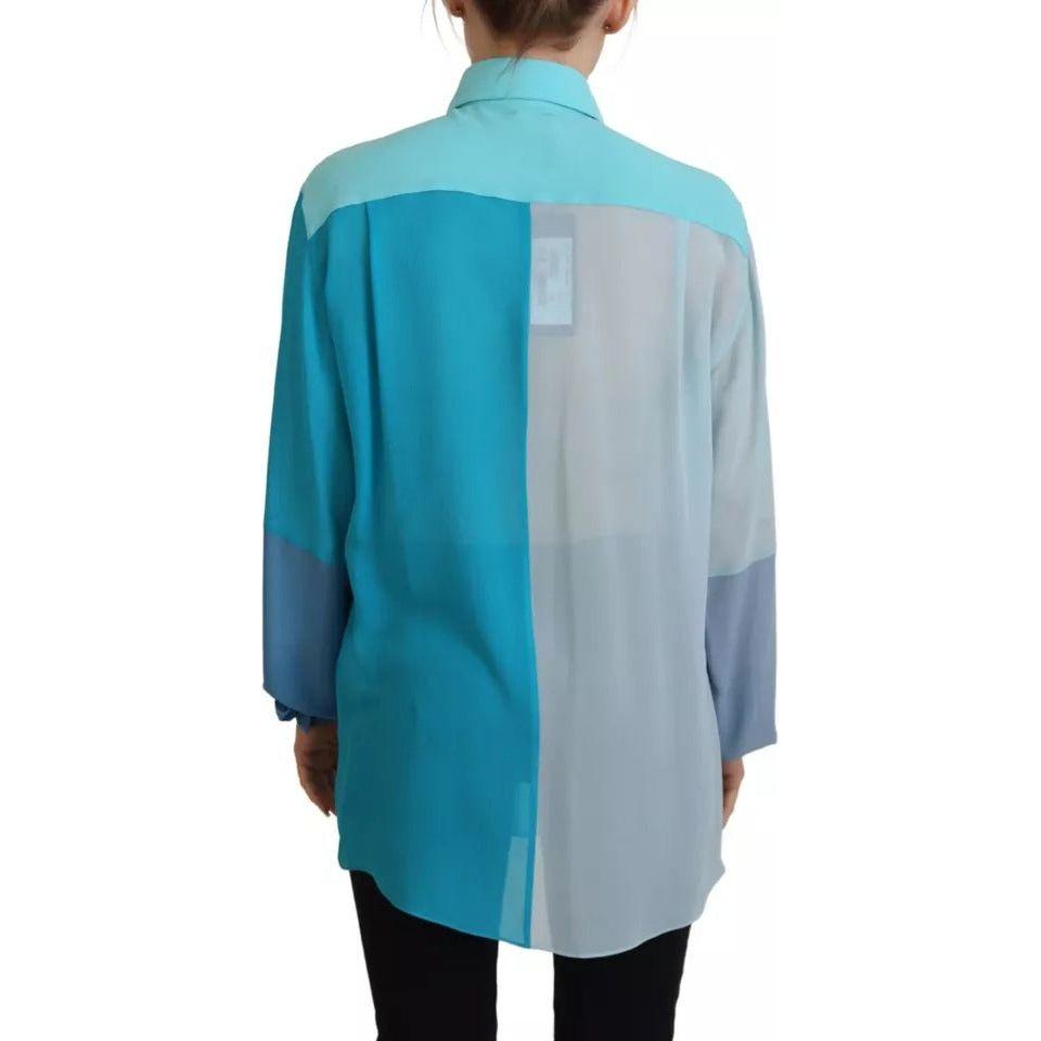Dolce & Gabbana Blue Collar Long Sleeve Blouse Silk Top Dolce & Gabbana Dark Gray