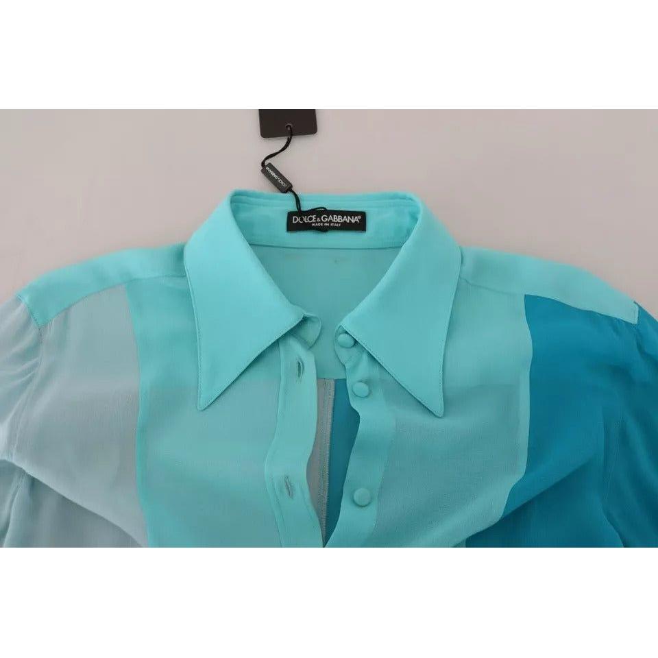 Dolce & Gabbana Blue Collar Long Sleeve Blouse Silk Top Dolce & Gabbana Cadet Blue