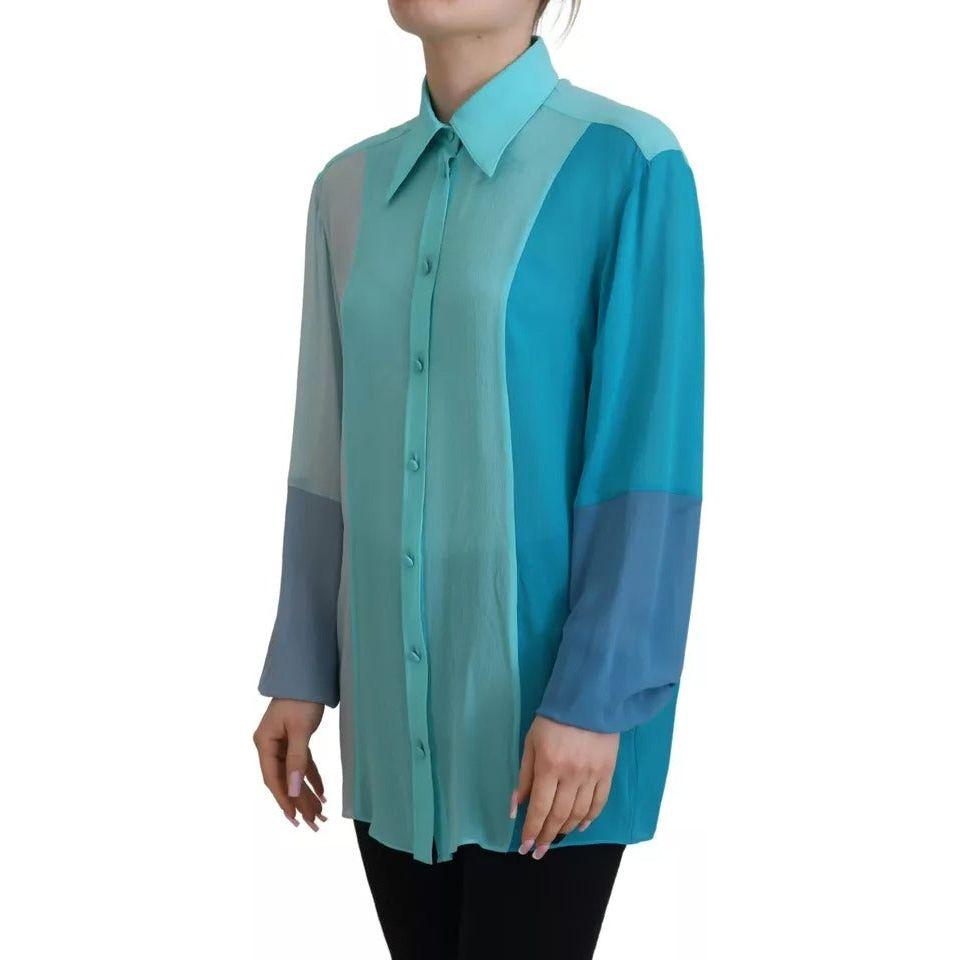 Dolce & Gabbana Blue Collar Long Sleeve Blouse Silk Top Dolce & Gabbana Steel Blue
