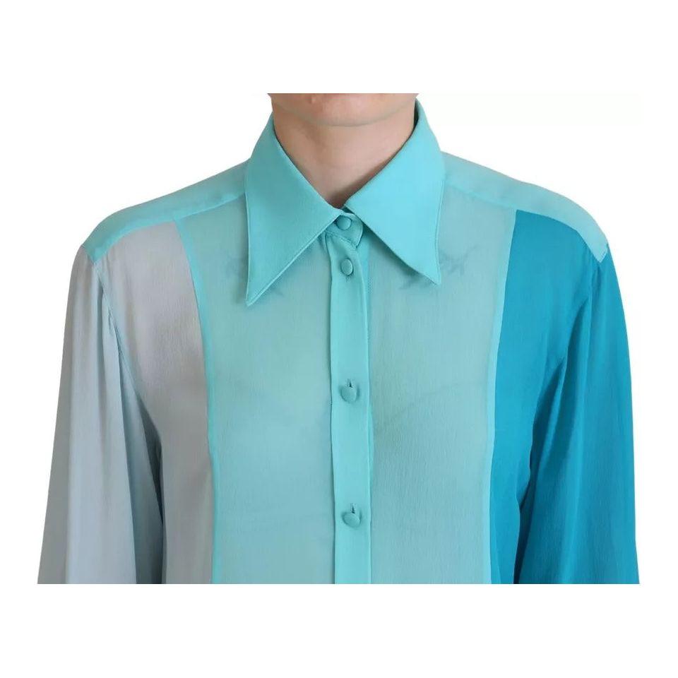 Dolce & Gabbana Blue Collar Long Sleeve Blouse Silk Top Dolce & Gabbana Medium Aquamarine