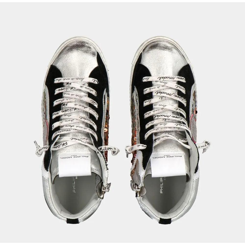 Philippe Model Elegant Gray Leather Sneakers with Sequin Details Philippe Model Lavender