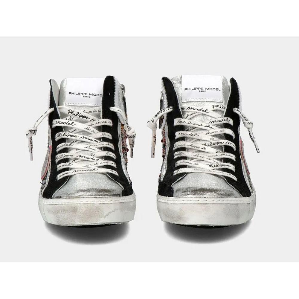 Philippe Model Elegant Gray Leather Sneakers with Sequin Details Philippe Model Lavender