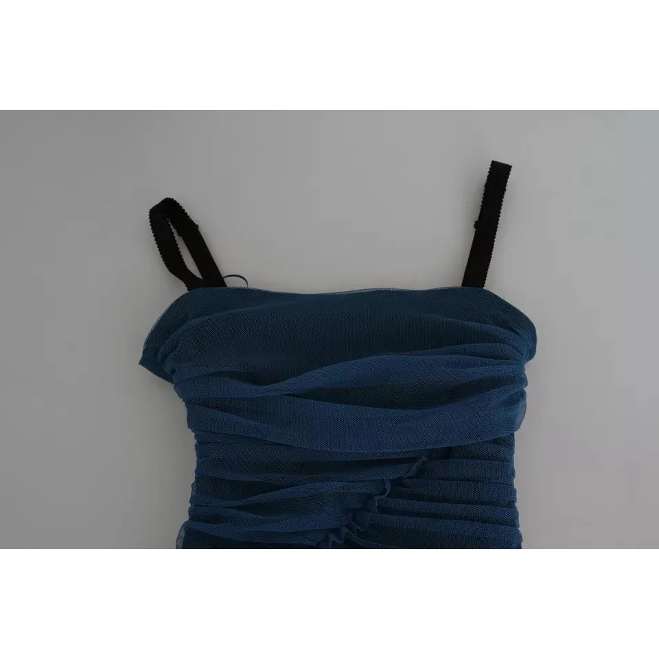 Dolce & Gabbana Blue Draped Tulle Midi Sheath Cotton Dress Dolce & Gabbana Dark Gray