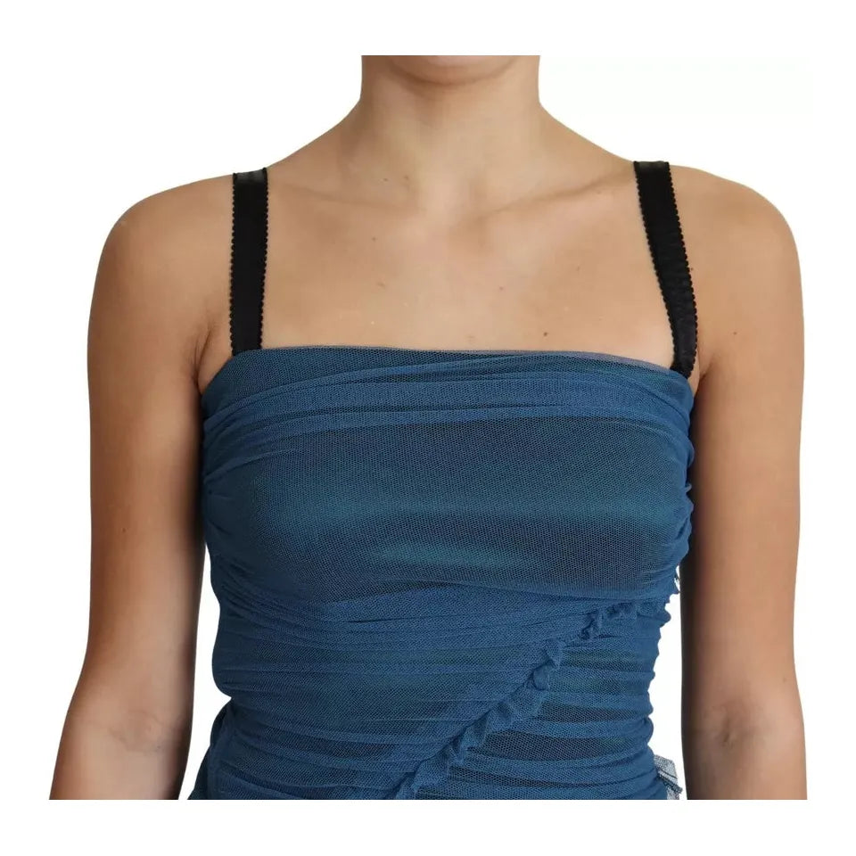 Dolce & Gabbana Blue Draped Tulle Midi Sheath Cotton Dress Dolce & Gabbana Dark Slate Gray