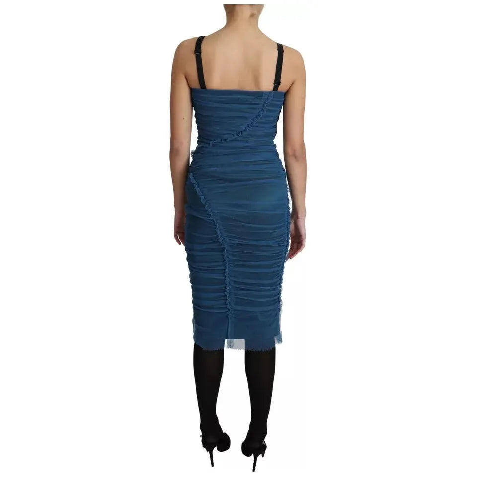 Dolce & Gabbana Blue Draped Tulle Midi Sheath Cotton Dress Dolce & Gabbana Tan