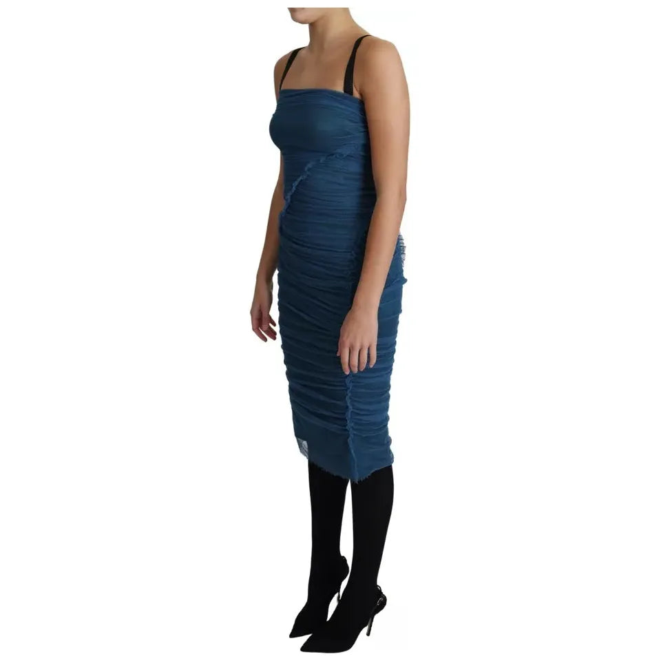 Dolce & Gabbana Blue Draped Tulle Midi Sheath Cotton Dress Dolce & Gabbana Rosy Brown