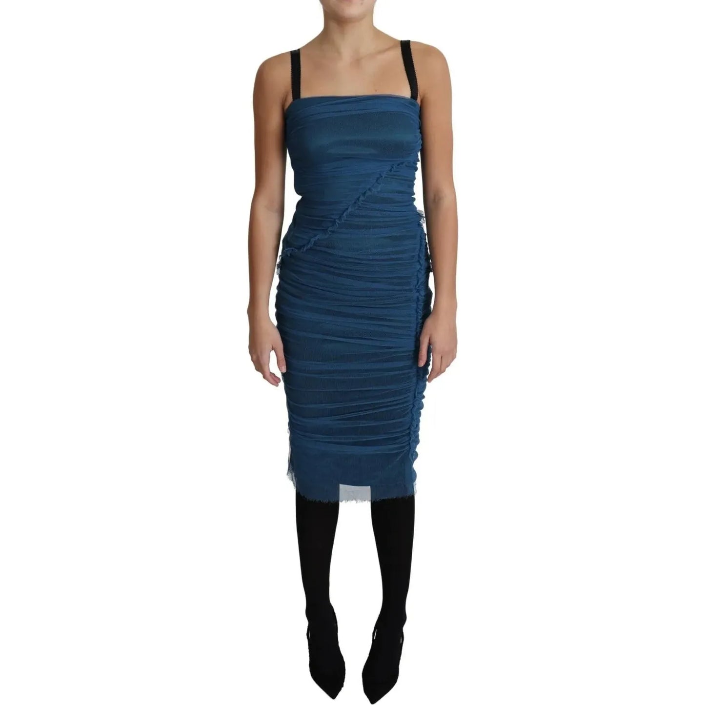 Dolce & Gabbana Blue Draped Tulle Midi Sheath Cotton Dress Dolce & Gabbana Rosy Brown