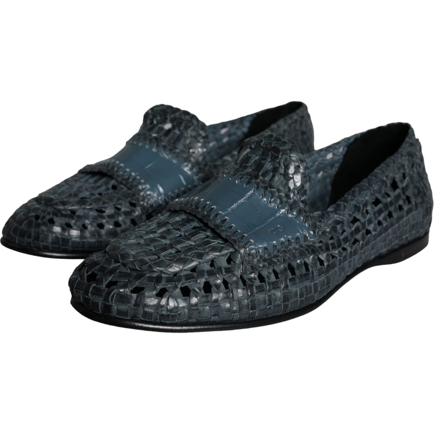 Dolce & Gabbana Blue Woven Leather Slip On Loafers Men Shoes Dolce & Gabbana Dark Slate Gray