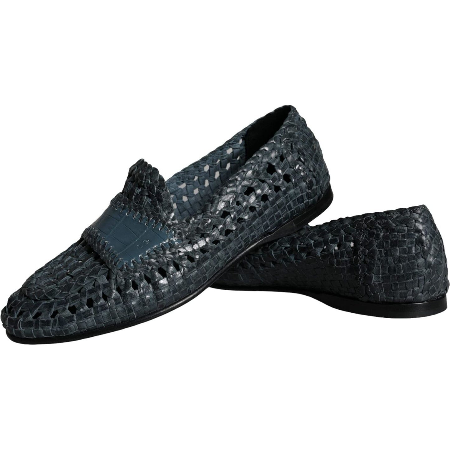 Dolce & Gabbana Blue Woven Leather Slip On Loafers Men Shoes Dolce & Gabbana Dark Slate Gray