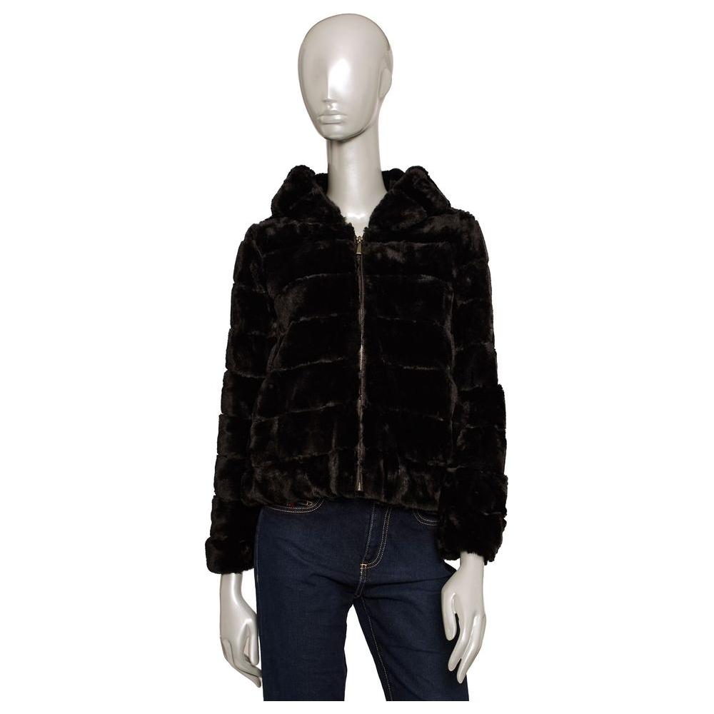 Black faux fur polyester jacket by Baldinini Trend for women, featuring luxury design with metal monogram.
