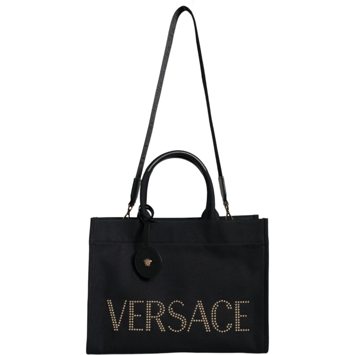 Versace Black Top Handle Canvas Leather Logo Crossbody Tote Bag Versace Black