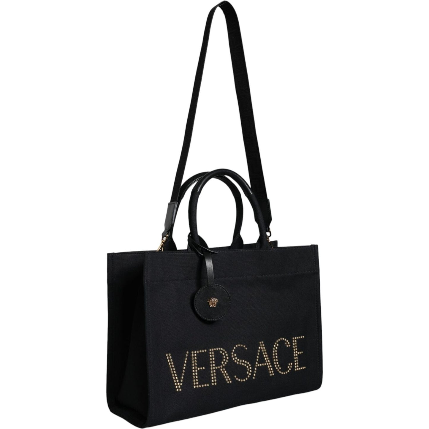 Versace Black Top Handle Canvas Leather Logo Crossbody Tote Bag Versace Black