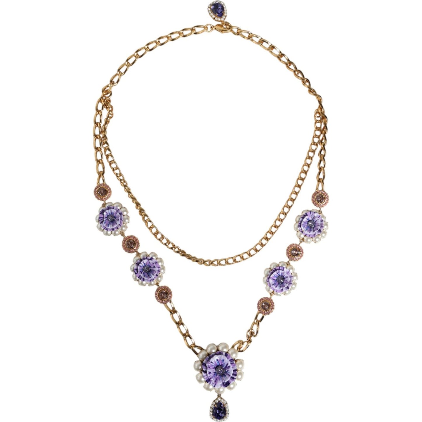 Dolce & Gabbana Gold Tone Floral Crystals Embellished Layered Necklace Necklace Dolce & Gabbana Light Gray